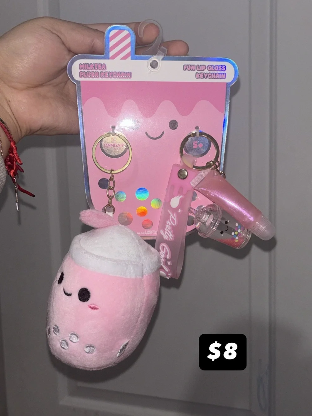 Cute Pink Plush Bubble Tea Keychain with Lip Gloss and Card Holder